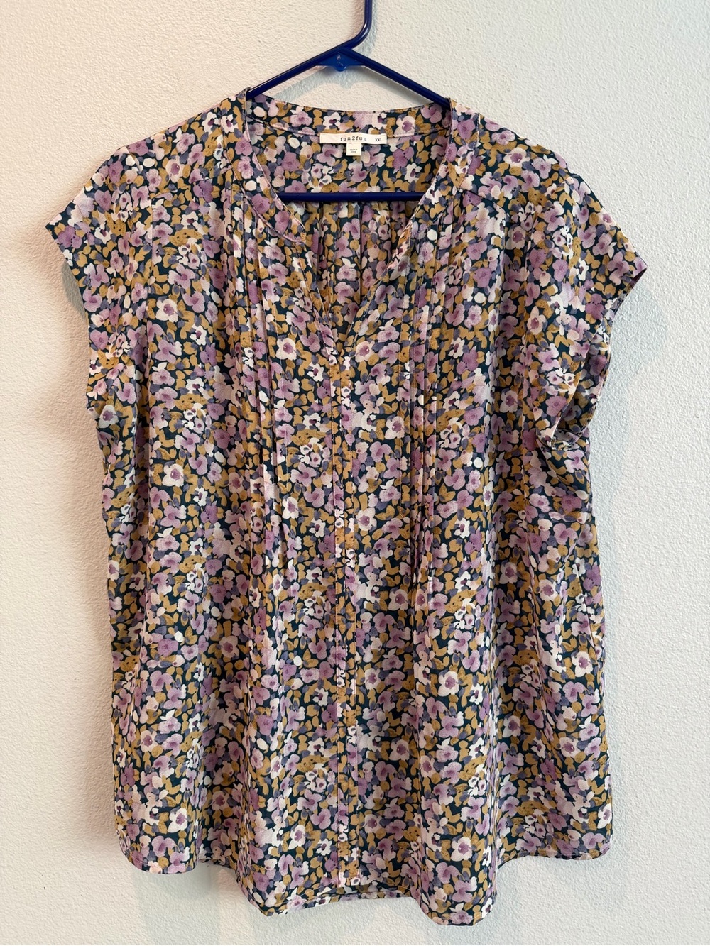 fun 2 fun Lavender and Olive Floral Pintuck Cap-Sleeve Blouse